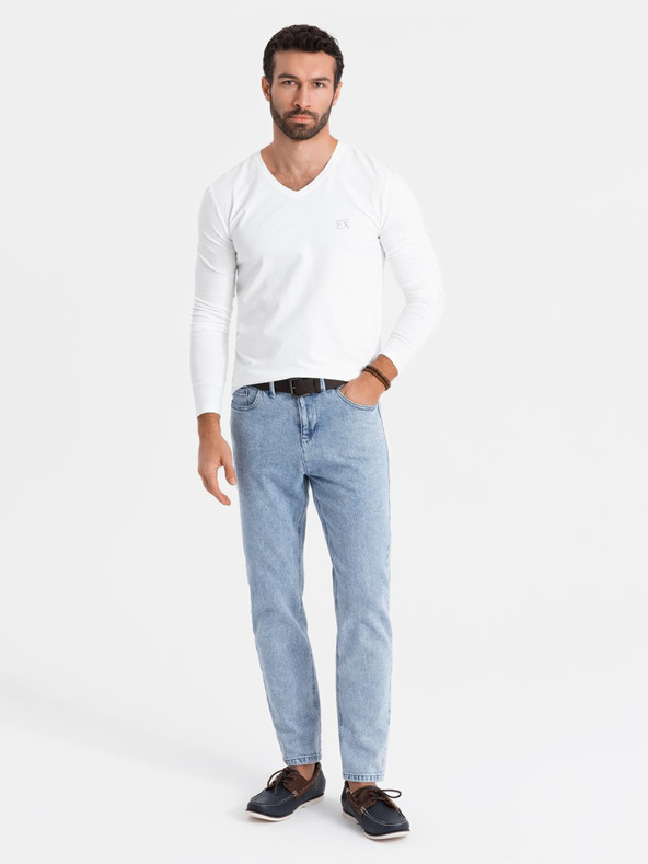 Ombre Clothing Pánské tričko SLIM FIT s dlouhým rukávem do V s elastanem a potiskem bílá Ombre Clothing