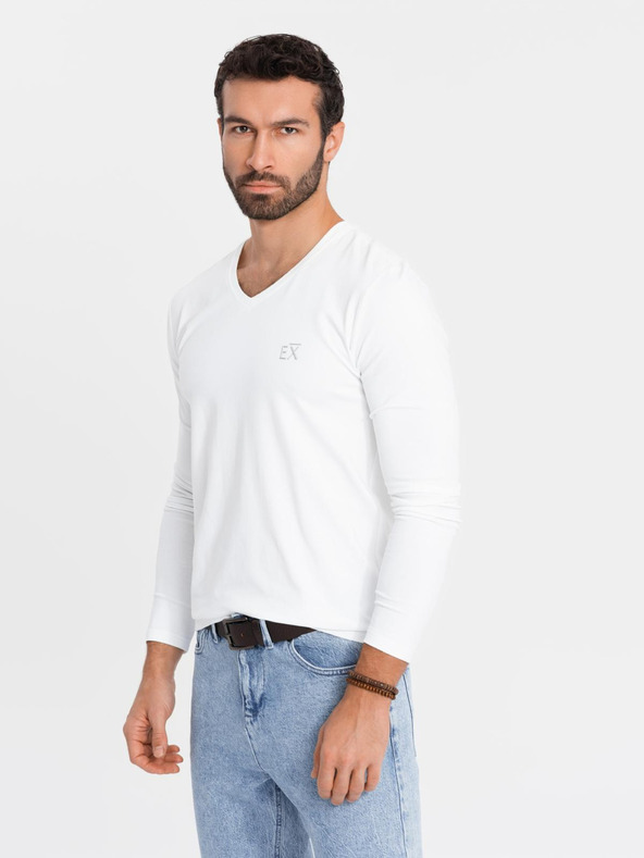 Ombre Clothing Pánské tričko SLIM FIT s dlouhým rukávem do V s elastanem a potiskem bílá Ombre Clothing