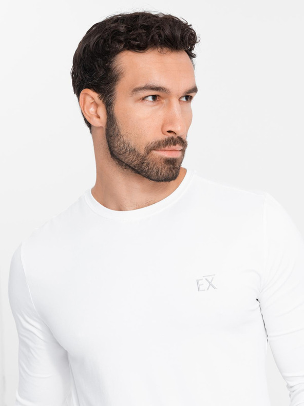 Ombre Clothing Pánské tričko SLIM FIT s dlouhým rukávem, elastanem a potiskem bílá Ombre Clothing
