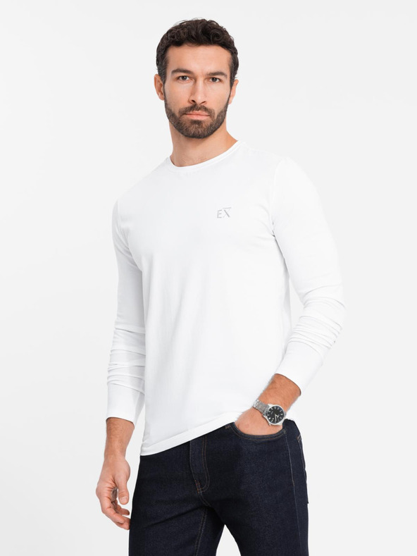 Ombre Clothing Pánské tričko SLIM FIT s dlouhým rukávem, elastanem a potiskem bílá Ombre Clothing