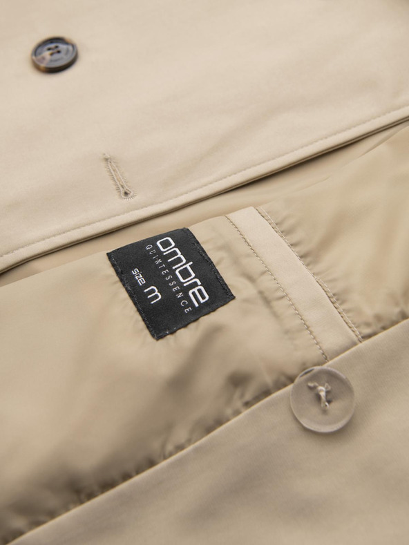 Ombre Clothing Elegantní pánský plášť SLIM FIT s páskem béžový Ombre Clothing