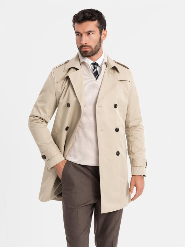 Ombre Clothing Elegantní pánský plášť SLIM FIT s páskem béžový Ombre Clothing