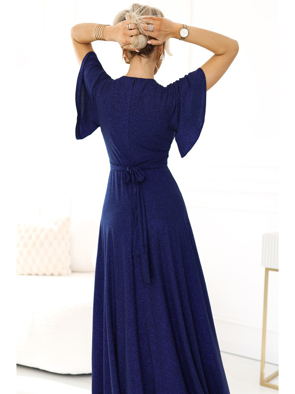 numoco Lesklé dlouhé šaty s rukávy a výstřihem - tmavě modrá se třpytkami Numoco