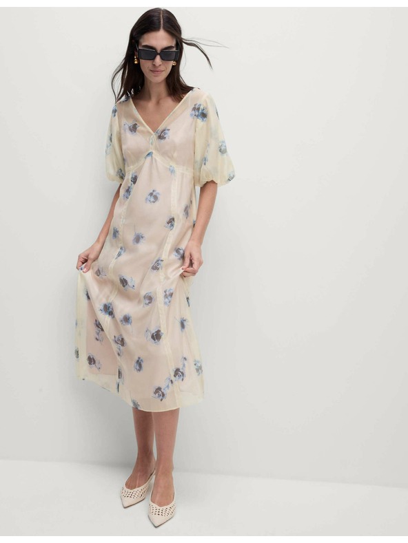 Marks & Spencer Průhledné neformální midi šaty s výstřihem do V a potiskem Marks & Spencer smetanová