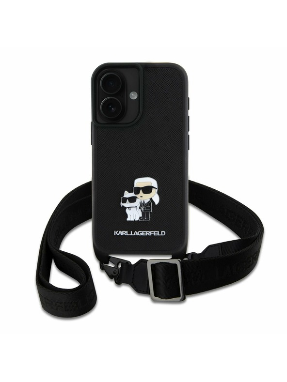 Karl Lagerfeld Karl Lagerfeld Saffiano Crossbody Popruh Metal Karl and Choupette Zadní Kryt pro iPhone 16 Black