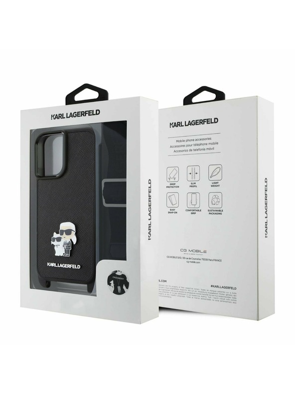 Karl Lagerfeld Karl Lagerfeld Saffiano Crossbody Popruh Metal Karl and Choupette Zadní Kryt pro iPhone 16 Black