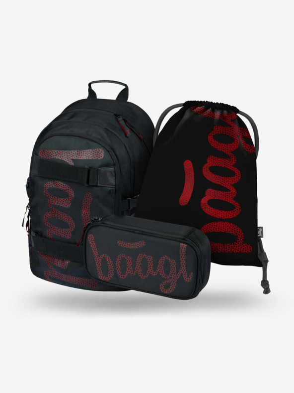 BAAGL  Černý školní set - batoh, penál, sáček Baagl Skate Red