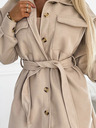 numoco Béžový dámský teplý kabát s kapsami, knoflíky a zavazováním v pase Numoco