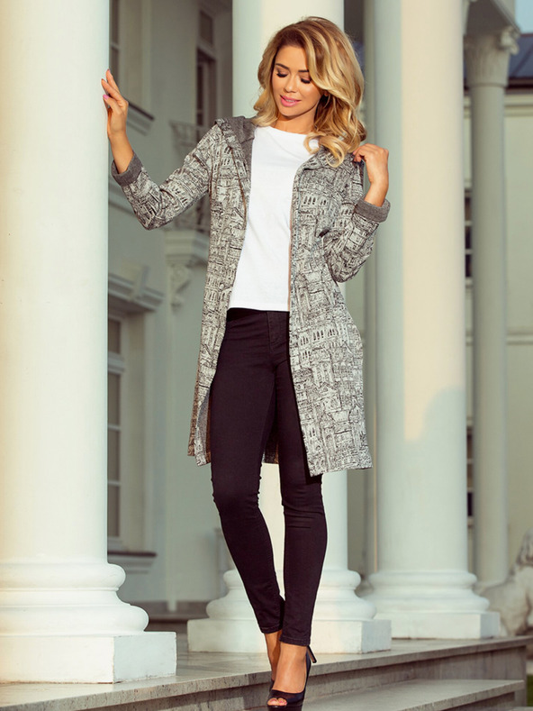 numoco Šedý dámský vzorovaný kabát s kapucí a kapsami Numoco