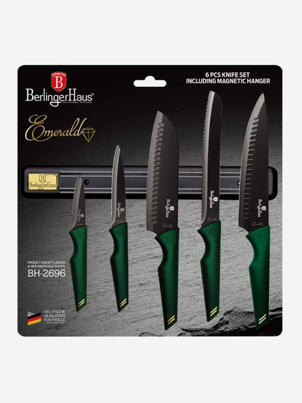 Berlingerhaus Sada pěti nožů s nepřilnavým povrchem a magnetickým držákem BERLINGERHAUS Emerald Collection