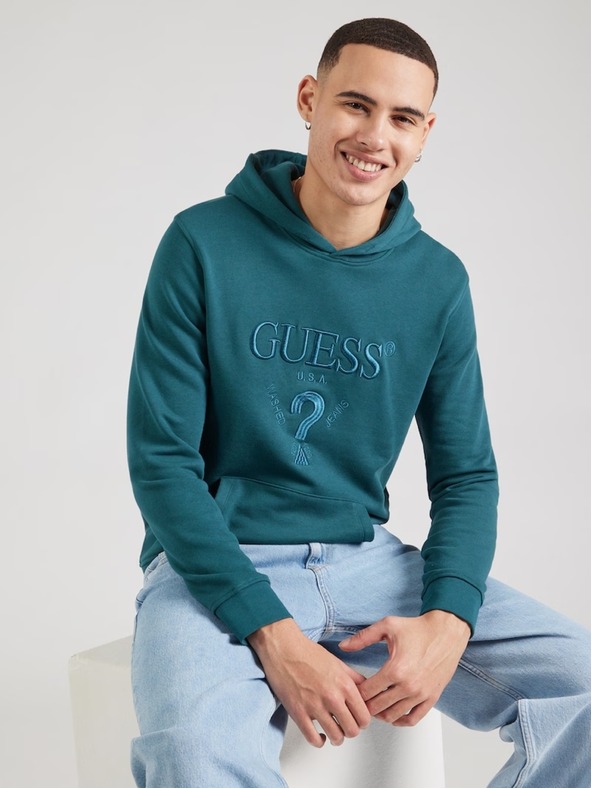 Guess Jeans Pánská petrolejová mikina s vyšitým logem a kapucí Guess jeans
