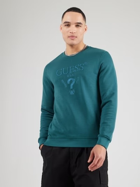 Guess Jeans Pánská petrolejová mikina s vyšitým logem Guess jeans