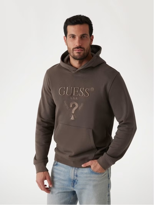 Guess Jeans Pánská hnědá mikina s vyšitým logem a kapucí Guess jeans
