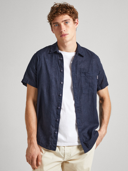 Pepe Jeans Tmavě modrá pánská lněná košile s krátkým rukávem Pepe Jeans