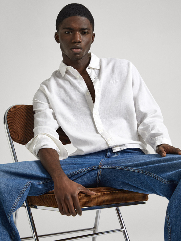 Pepe Jeans Bílá pánská lněná košile Pepe Jeans
