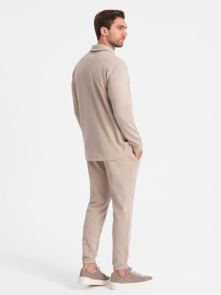 Ombre Clothing Béžová pánská tepláková souprava mikina s polo límcem + kalhoty Ombre Clothing