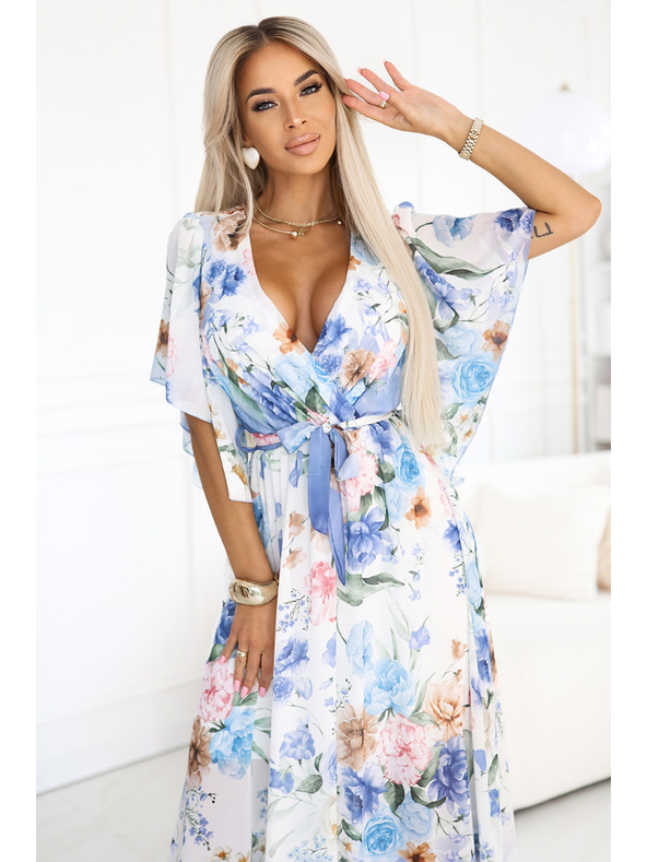 numoco Vzdušné zavinovací maxi šaty s květinovým vzorem modré růže