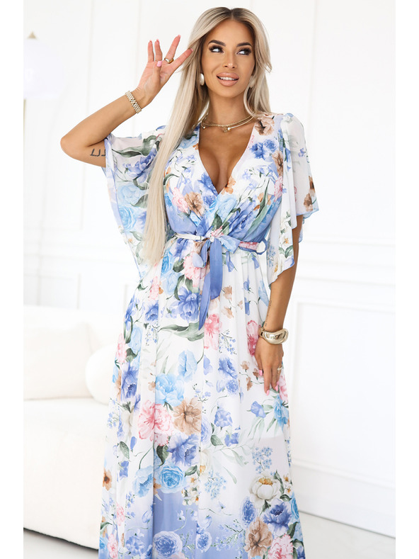 numoco Vzdušné zavinovací maxi šaty s květinovým vzorem modré růže