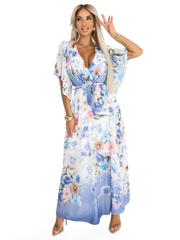 numoco Vzdušné zavinovací maxi šaty s květinovým vzorem modré růže