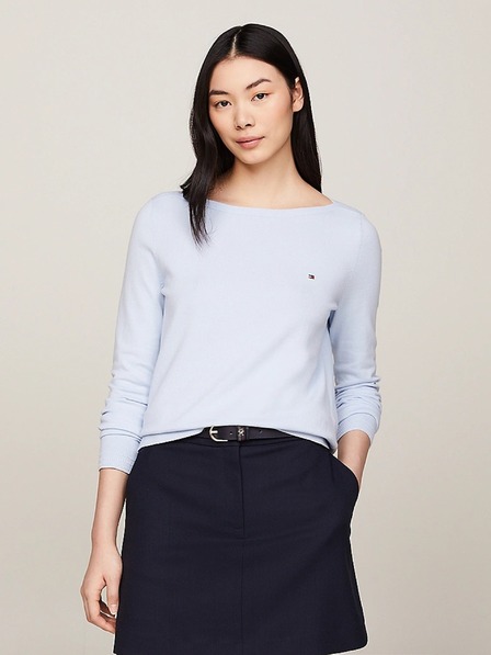 Tommy Hilfiger Dámsky svetlo modrý jemne pletený sveter s lodičkovým výstrihom Tommy Hilfiger