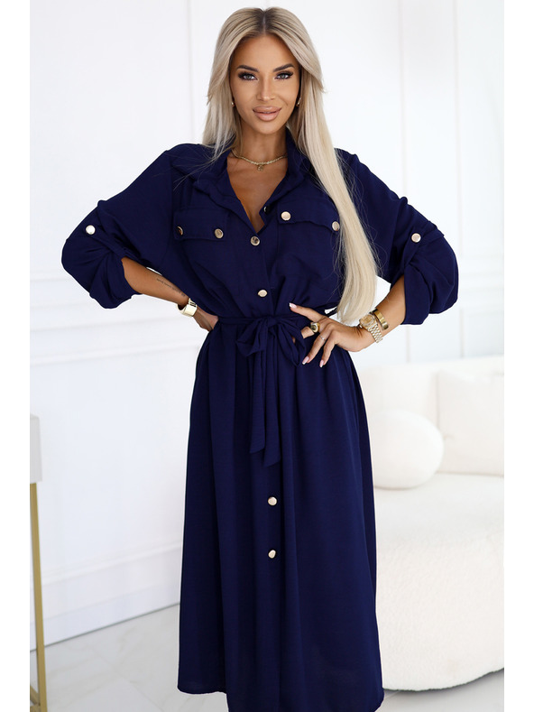 numoco Midi košilové šaty se zlatými knoflíky a kravatou