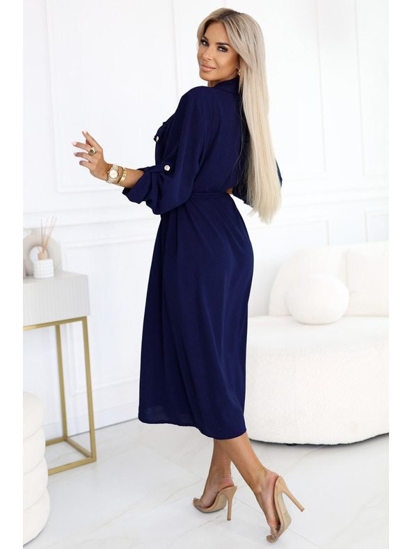 numoco Midi košilové šaty se zlatými knoflíky a kravatou