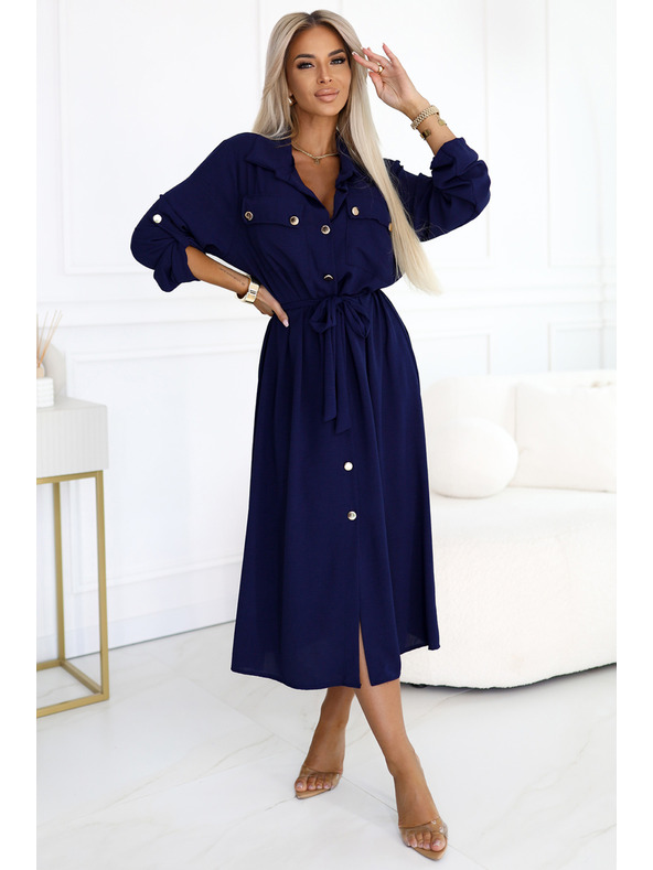 numoco Midi košilové šaty se zlatými knoflíky a kravatou