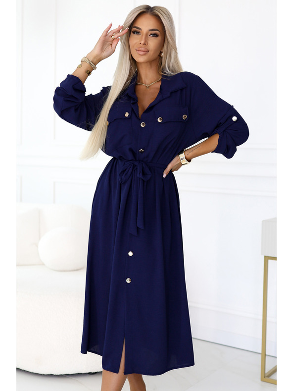 numoco Midi košilové šaty se zlatými knoflíky a kravatou