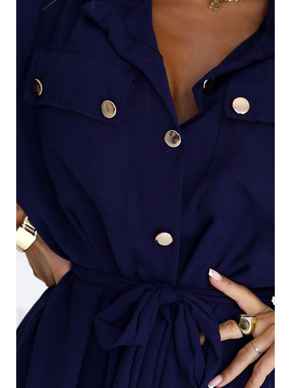 numoco Midi košilové šaty se zlatými knoflíky a kravatou