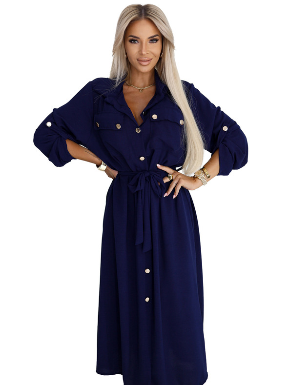 numoco Midi košilové šaty se zlatými knoflíky a kravatou