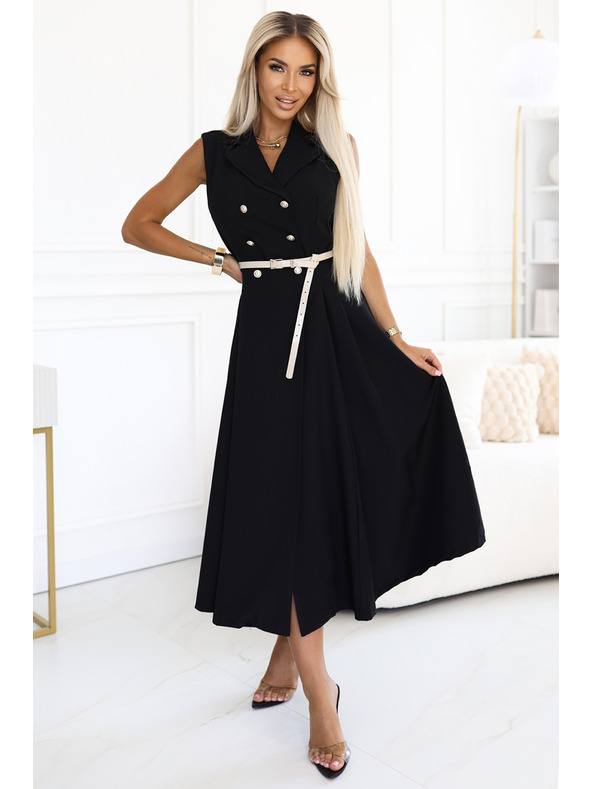 numoco Elegantní midi košilové šaty se zlatými knoflíky a páskem