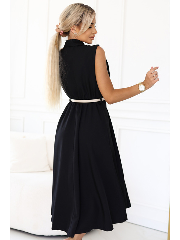 numoco Elegantní midi košilové šaty se zlatými knoflíky a páskem