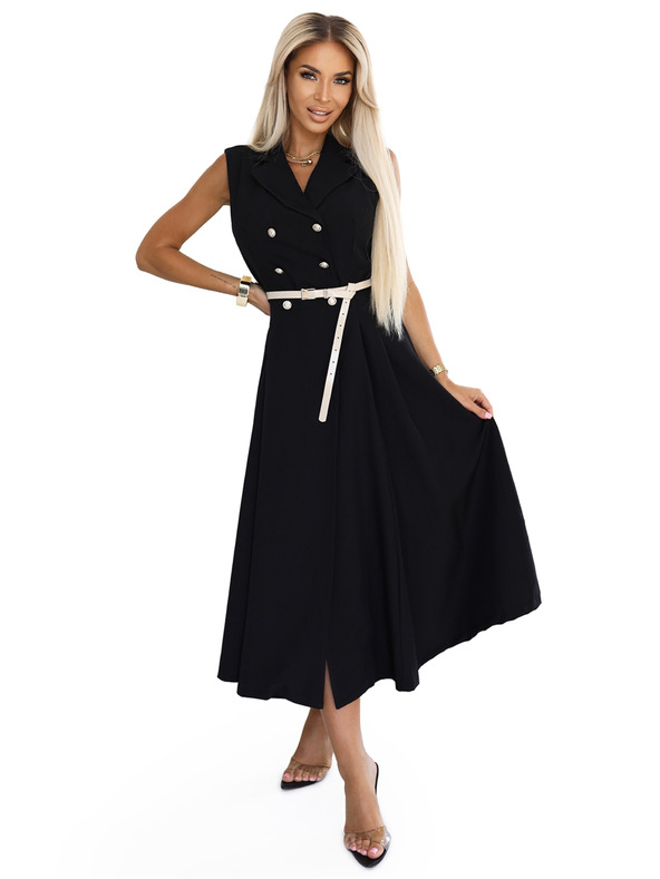 numoco Elegantní midi košilové šaty se zlatými knoflíky a páskem