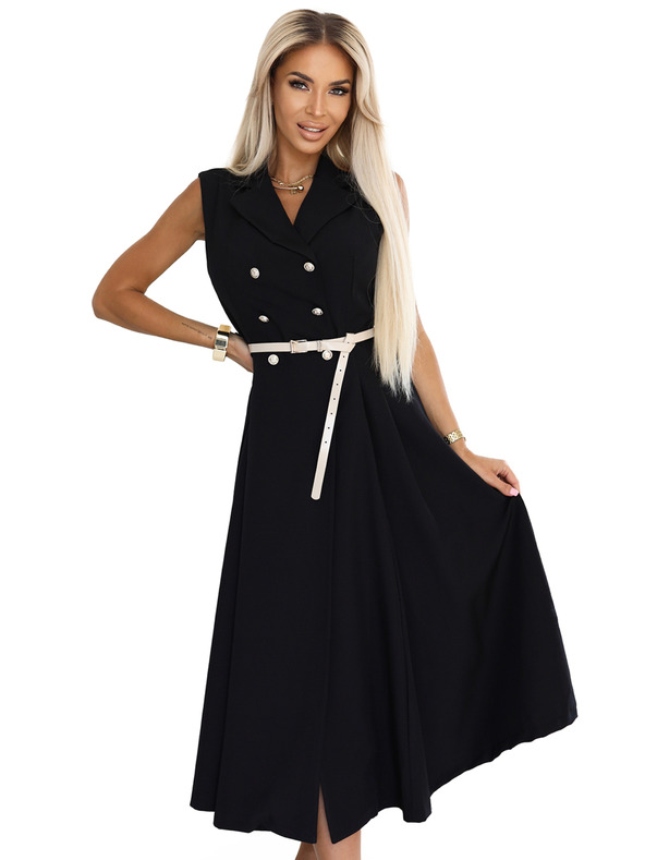 numoco Elegantní midi košilové šaty se zlatými knoflíky a páskem