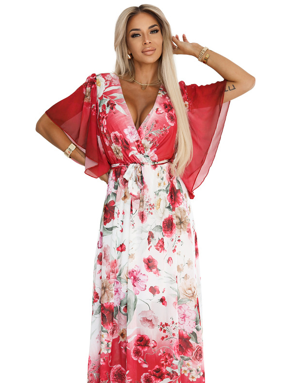 numoco Vzdušné zavinovací maxi šaty s květinovým vzorem červené růže