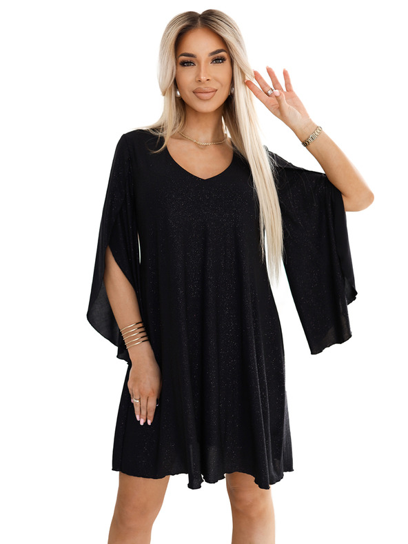 numoco Elegantní šaty s motýlími rukávy - černé se třpytkami