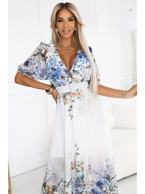 numoco Vzdušné maxi šaty CELINA s výstřihem do V, páskem a květinovým ombré vzorem