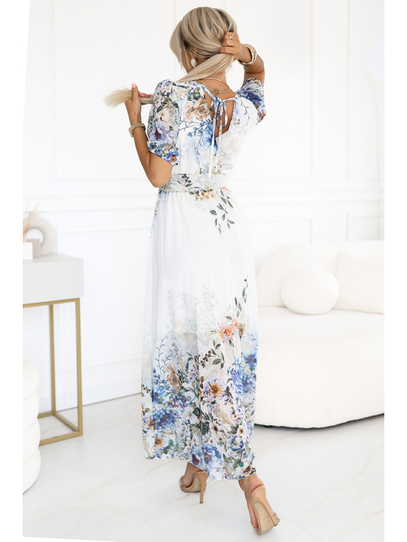 numoco Vzdušné maxi šaty CELINA s výstřihem do V, páskem a květinovým ombré vzorem