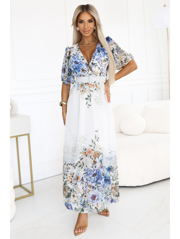 numoco Vzdušné maxi šaty CELINA s výstřihem do V, páskem a květinovým ombré vzorem