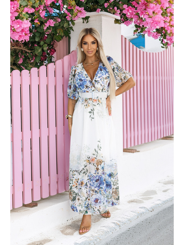 numoco Vzdušné maxi šaty CELINA s výstřihem do V, páskem a květinovým ombré vzorem