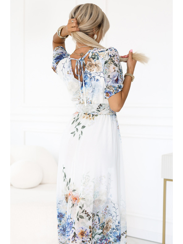 numoco Vzdušné maxi šaty CELINA s výstřihem do V, páskem a květinovým ombré vzorem