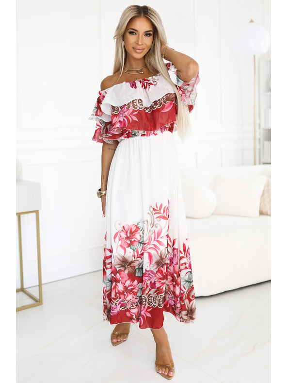 numoco Dlouhé letní šaty s květinovým červeným ombré vzorem