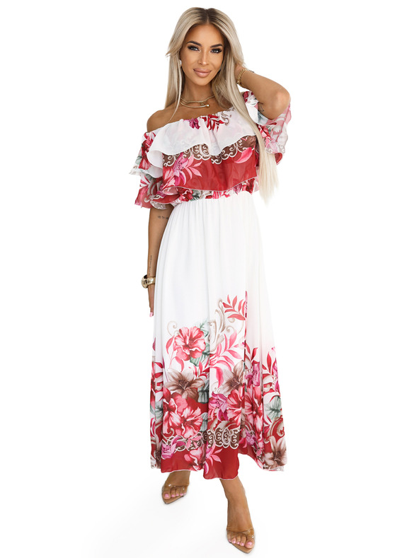 numoco Dlouhé letní šaty s květinovým červeným ombré vzorem