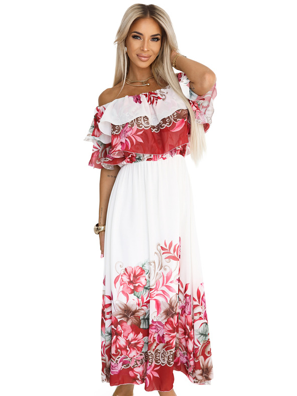 numoco Dlouhé letní šaty s květinovým červeným ombré vzorem