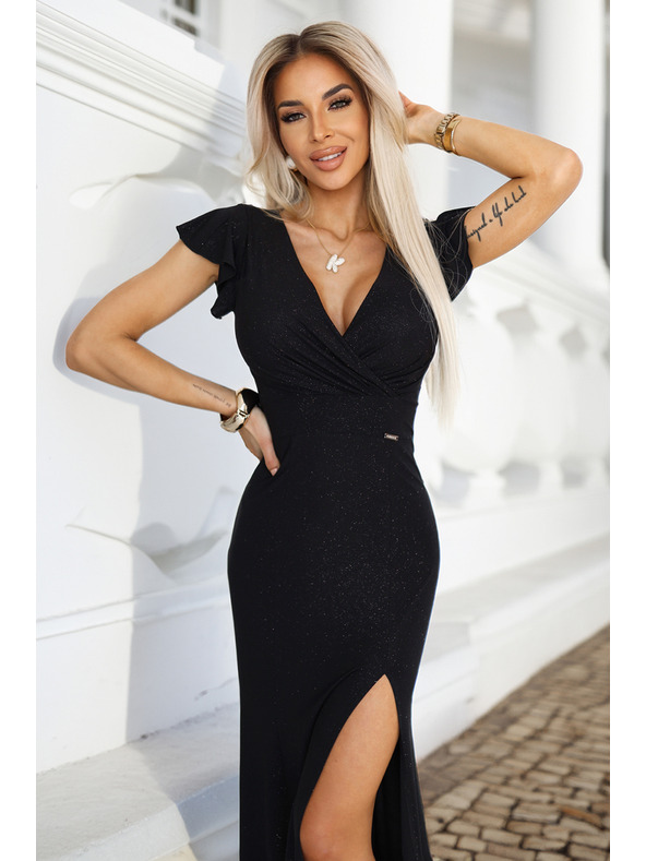 numoco Oslnivé dlouhé černé šaty IRINA s třpytkami, zavinovacím výstřihem a rozparkem