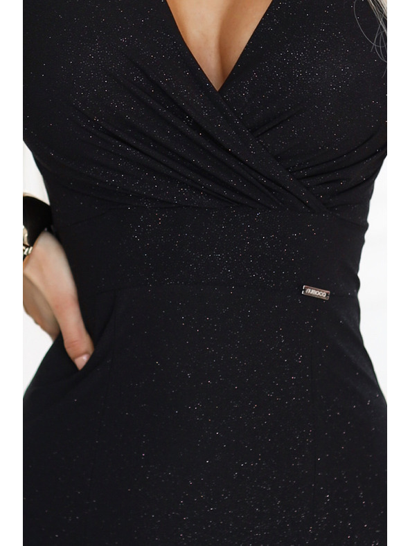 numoco Oslnivé dlouhé černé šaty IRINA s třpytkami, zavinovacím výstřihem a rozparkem