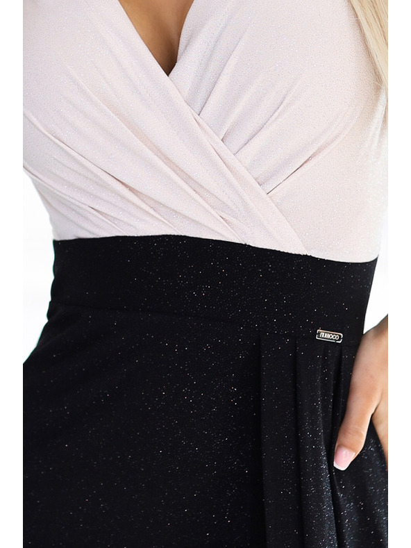 numoco 451-3 Lesklé šaty s krátkým rukávem, výstřihem a rozparkem na nohavici - černo-béžové se třpytkami