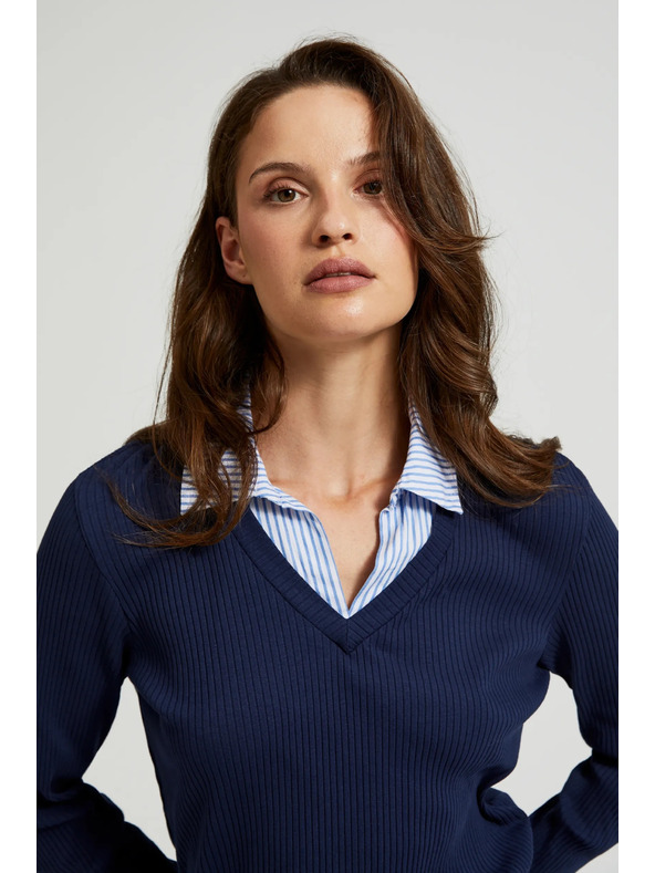 Moodo Tmavě modrý svetr s košilovým límečkem