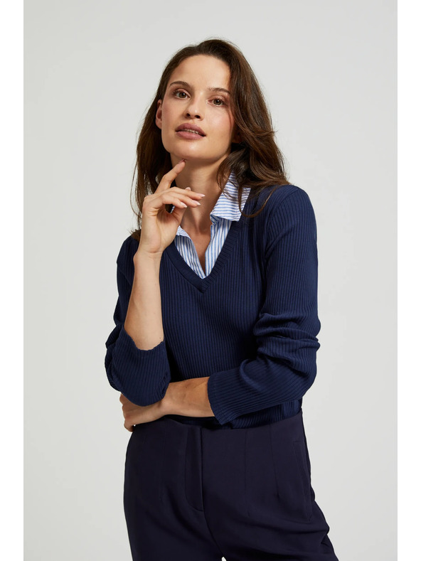 Moodo Tmavě modrý svetr s košilovým límečkem