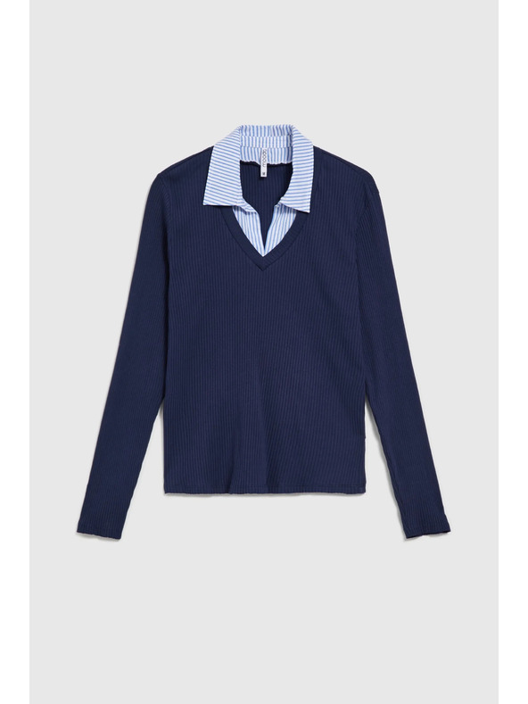 Moodo Tmavě modrý svetr s košilovým límečkem